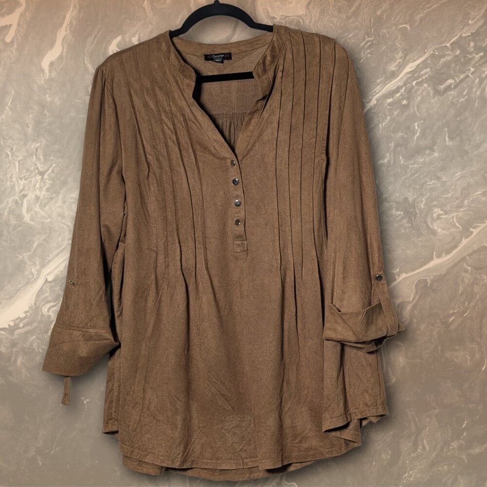 Cocomo Woman size 2X Brown Faux Suede Pintuck Blouse, Plus Size